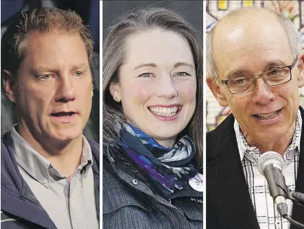  ?? POSTMEDIA/FILES ?? There are three candidates for leadership of the Alberta Party — from left, MLA Rick Fraser, Calgary lawyer Kara Levis and former Edmonton mayor Stephen Mandel — with online voting beginning Sunday.