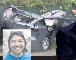  ?? ?? Deadly danger
Elon Musk’s (right) Tesla announced it is recalling more than 2 million cars to fix a flaw in its Autopilot on the same day Virginia officials said that the feature played a role in a crash that killed Pablo Teodoro III (inset) in July.