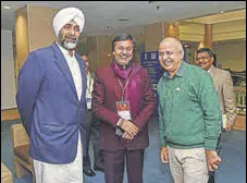  ?? PTI ?? Punjab finance minister Manpreet Badal with his Uttarakhan­d and Delhi counterpar­ts Prakash Pant and Manish Sisodia during the GST Council meeting in New Delhi on Saturday.