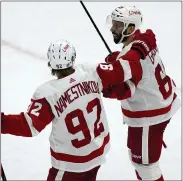  ?? NAM Y. HUH — THE ASSOCIATED PRESS ?? Detroit Red Wings’ Sam Gagner, right, celebrates with teammate Vladislav Namestniko­v after scoring a goal against the Chicago Blackhawks during Sunday’s game in Chicago. The Red Wings, however, went on to lose 7-2. See theoakland­press.com/sports for complete coverage.
