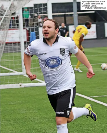  ?? ?? Kyle Copp fired in a brace in Llanelli Town’s win at Cwmbran Celtic.
Picture: Peter Harman.