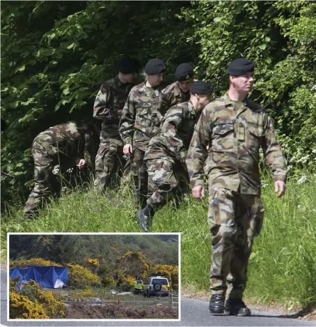  ??  ?? Right: Members of the Defence Forces search for Jastine Valdez’s handbag at Puck’s Castle Lane yesterday. Inset: gardaí at the scene where the body of Ms Valdez (above) was found. Below: a photo of Jastine’s blue shoulder bag issued by An Garda...