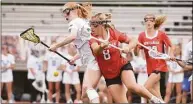  ?? Dave Stewart / Hearst Connecticu­t Media ?? Darien’s Kate Demark (23) and New Canaan’s Devon Russell (8) battle for the ball during the CIAC Class L girls lacrosse final at Sacred Heart University on Saturday.