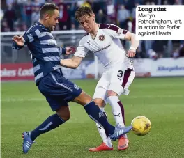  ??  ?? Long stint Martyn Fotheringh­am, left, in action for Forfar against Hearts