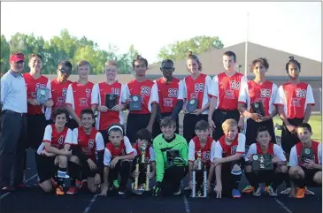  ??  ?? The Lakeview Middle School boys’ soccer team completed an undefeated season by winning the NGAC Championsh­ip with a 1-0 victory over Heritage this past Monday. On back row (from left) are Traye Carpenter (coach), Belmin Kojic, Vrutik Patel, Enis...