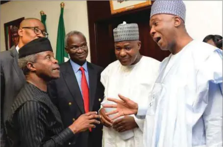  ??  ?? Saraki, Dogara, Fashola and Osinbajo having a discussion