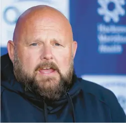  ?? JOHN MINCHILLO/AP ?? Giants head coach Brian Daboll speaks with members of the media at the team’s practice facility Thursday in East Rutherford, New Jersey.