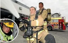  ?? MAIN PHOTO: GLENN JEFFREY/ STUFF ?? Career firefighte­rs Taja Smith, left, and Tran Lawrence practise their drills at the New Plymouth fire station. Inset: Jason Crowe at work.