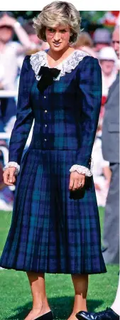  ??  ?? Meghan’s Burberry coat she wore to Edinburgh in February was a clear nod to Diana, who wore a long-sleeved tartan dress by Bellville Sassoon at the Highland Games in Bute in 1987