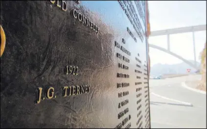  ?? HENRY BREAN/LAS VEGAS REVIEW-JOURNAL ?? The Tierney name appears on the “High Scaler” plaque for fallen constructi­on workers at Hoover Dam in this photo from Dec. 13.