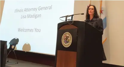  ?? | SANDRA GUY/ SUN- TIMES ?? Illinois Attorney General Lisa Madigan speaks at Monday’s summit on sexual assault on college campuses.