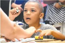  ??  ?? Hardy Hope participan­t Marquise McMurray listens Tuesday to the instructio­n of teacher Ashley Lepard of East Side Elementary.