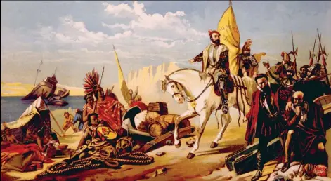  ??  ?? Pintura de finales del siglo XIX en la que se ve a Cortés quemando sus naves para evitar la huida de sus hombres.
