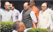  ?? PTI ?? BJP leaders Arun Jaitely, Rajnath Singh and LK Advani after the party parliament­ary board meeting in New Delhi on Wednesday.