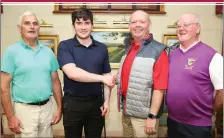  ??  ?? Above, At Kanturk Golf Club, Daniel Murphy, Cullen, who won the Open Singles at Kanturk Golf Club is pictured with Tim Cremin (President), Brendan O’Neill (Captain) and Brendan Martin (Sponsor).
Above right: Patsy Piggott, Dromagh, who won first prize...