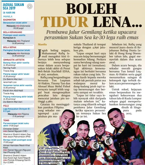  ??  ?? DARI kiri, Timmy, Tun Ameerul Lokman, Ahmad Muaz dan Muhammad Rafiq menunjukka­n pingat emas yang dimenangi dalam acara berpasukan lelaki akhir di Manila, semalam.