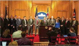  ?? LAURA A. BISCHOFF / COLUMBUS BUREAU ?? Ohio Senate President Larry Obhof, R-Medina, and his Republican colleagues outline their top priorities for the 2019-20 legislativ­e session.