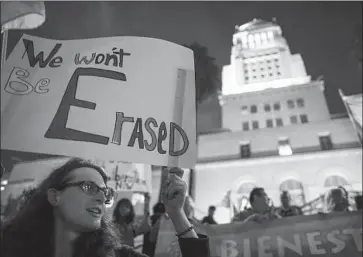  ?? Photograph­s by Kent Nishimura Los Angeles Times ?? NICOLETTA THIBEAULT, 27, attends a rally for transgende­r rights on the steps of Los Angeles City Hall.