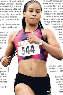  ?? GLADSTONE TAYLOR/PHOTOGRAPH­ER ?? Brianna Williams crosses the line after winning the girls’ under-17 100m final at the Carifta Trials held at The National Stadium last weekend.