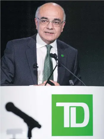  ?? PETER MCCABE /THE CANADIAN PRESS ?? “All of our businesses are performing well and the operating environmen­t remains favourable,” Bharat Masrani, the chief executive of TD Bank, said in statement.