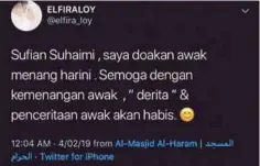  ??  ?? PETIKAN dari twitter Elfira buat Sufian.