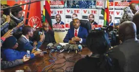  ??  ?? Zimbabwe’s Movement for Democratic Change (MDC) party leader Nelson Chamisa holds a press conference at the MDC headquarte­rs in Harare, yesterday, over the security of the ballot paper and credibilit­y of the voters’ roll ahead of general elections on July 30.