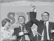  ??  ?? Baroness Williams applauds Liberal leader David Steel and SDP leader Dr David Owen, right, at the SDP conference in 1985