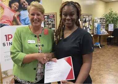  ?? (Photos Courtesy ASPSF) ?? ASPSF Volunteer Sally Pierce celebrates with Fall 2022 Scholarshi­p recipient Jelishia. The Garland County student is studying for an Esthetics Certificat­e and used her flexible scholarshi­p check to pay for school supplies and gas to get to school.