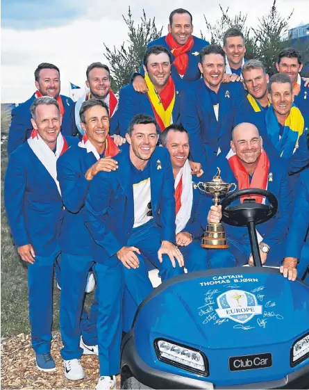  ?? Pictures: Getty Images. ?? Clockwise, from above: Team Europe celebrate with the trophy; a fired-up Ian Poulter roars after sealing his win over Dustin Johnson; John Rahm shows his emotions; and Sergio Garcia, who passed Nick Faldo’s record of most wins by a European Ryder Cup player.