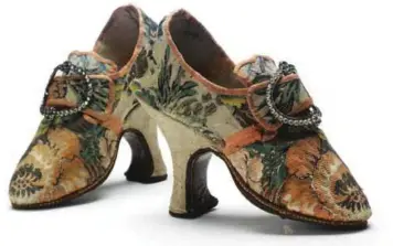  ??  ?? Pompadour shoes. Brocaded silk over wooden heel. Paste buckles. France, 1750s.