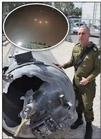  ?? ?? ATTACK: Military shows an Iranian ballistic missile which fell in Israel over weekend; (inset) explosions over Jerusalem on Sunday; and (right) Netanyahu