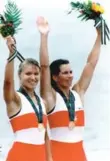  ??  ?? Kathleen Heddle, left, and her rowing partner, Marnie McBean, celebrate gold in Atlanta.