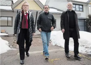  ?? JONATHAN HAYWARD THE CANADIAN PRESS FILE PHOTO ?? Federal Indigenous-Crown Relations Minister Carolyn Bennett, from left, Wet’suwet’en hereditary Chief Dini’ze Woos and B.C. Minister of Indigenous Relations Scott Fraser are seen in Smithers, B.C., on March 1. Bennett said the agreement is key in rebuilding ties with the Wet’suwet’en.