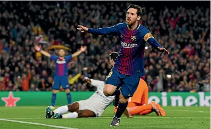  ?? PHOTO: GETTY IMAGES ?? Lionel Messi celebrates after scoring Barcelona’s third goal in their 3-0 Champions League victory over Chelsea.