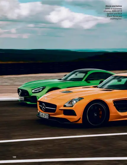  ??  ?? Above and below 230E is supremely relaxing; AMG GT R (green) and SLS Black Series are anything but.