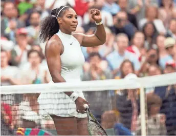  ?? SUSAN MULLANE, USA TODAY SPORTS ?? Women’s No. 1 seed Serena Williams, celebratin­g match point against Annika Beck on Sunday, leads the American contingent into the Round of 16 at Wimbledon.