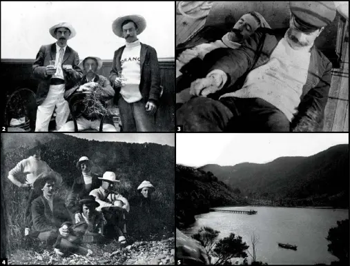  ??  ?? Sounds idyll: 1. Queen Charlotte Sound. 2. Alexander Turnbull (right) and crew at Oxley’s Hotel in Picton on New Year’s Eve, 1901. 3. Sunbathing on the Iorangi. 4. The Iorangi crew visit East Bay. 5. Endeavour Inlet.