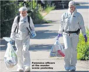  ??  ?? Forensics officers at the murder scene yesterday