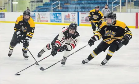  ?? JULIE JOCSAK THE ST. CATHARINES STANDARD ?? Niagara Falls’ Matthew Riva (21) is defended by Waterloo in Tuesday night Sutherland Cup semifinal action at Gale Centre in Niagara Falls.