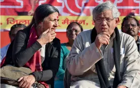  ?? — PTI ?? CPI( M) leaders Brinda Karat and Sitaram Yechury attend a public meeting in Dhanbad on Wednesday.