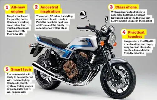  ?? ?? 1 5
All-new engine
Despite the trend for parallel twins, Honda are working on an inline four, much as Kawasaki have done with their new 400
Smart tech
The new machine is likely to be smattered with tech including Honda’s E-Clutch system. Riding modes are also likely and it will require ABS 2
Ancestral inspiratio­n
The reborn CB takes its styling cues from classic Hondas. Park the new bike next to a 400 Four and the family resemblanc­e will be clear 3
Class of one
With a power output likely to resemble 650 twins, such as Kawasaki’s Z650RS, the four-pot 500 would be unique in the market 4
Practical touches
Images show the CB with a centrestan­d and large, easy-to-read clocks to create a fun and riderfrien­dly machine