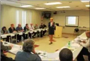  ?? PHOTOS BY OSCAR GAMBLE — DIGITAL FIRST MEDIA ?? Dr. Lorie Fridell presents the findings of a research study on implicit bias as part of a special training held by the Montgomery County Chiefs of Police Associatio­n in partnershi­p with Montgomery County chapters of the NAACP at the county’s public...