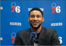  ?? MATT SLOCUM — THE ASSOCIATED PRESS ?? Sixers guard Ben Simmons was almost all smiles during a March 11 press conference to discuss his progress with his injury rehab. Little did he know the season was about to be shut down due to the coronaviru­s.