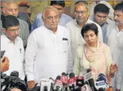  ??  ?? ■ Haryana Congress president Kumari Selja and former chief minister Bhupinder Singh Hooda in New Delhi on Tuesday. HT PHOTO