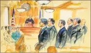  ?? Dana Verkoutere­n / Associated Press ?? This courtroom sketch depicts New Britain native Paul Manafort, fourth from right, standing with his lawyers in front of U.S. District Judge T.S. Ellis III, center rear, and the selected jury, seated left, during the jury selection of his trial at the Alexandria Federal Courthouse in Alexandria, Va., on Tuesday.
