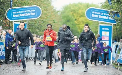  ?? Photograph: Jamie Simpson ?? Betsy Saina and Moses Kipsiro are flanked by Chris Thompson and Callum Hawkins in a trial run