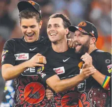  ?? ?? Perth Scorchers’ Lance Morris (middle) celebrates his fifth wicket against Adelaide Strikers on Wednesday night. Picture: Getty Images