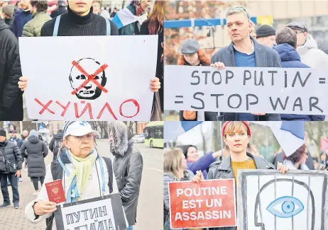  ?? — AFP photos ?? A combinatio­n picture shows protesters hold signs during a protest in Riga during the Russian presidenti­al election.