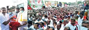  ??  ?? Chief Minister Edappadi K Palaniswam­i being welcomed by Minister KC Veeramani in Vellore on Tuesday, (right) a section of the crowd