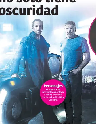  ??  ?? Personajes El agente K es interpreta­do por Ryan Gosling. Harrison Ford es el mítico Rick Deckard.